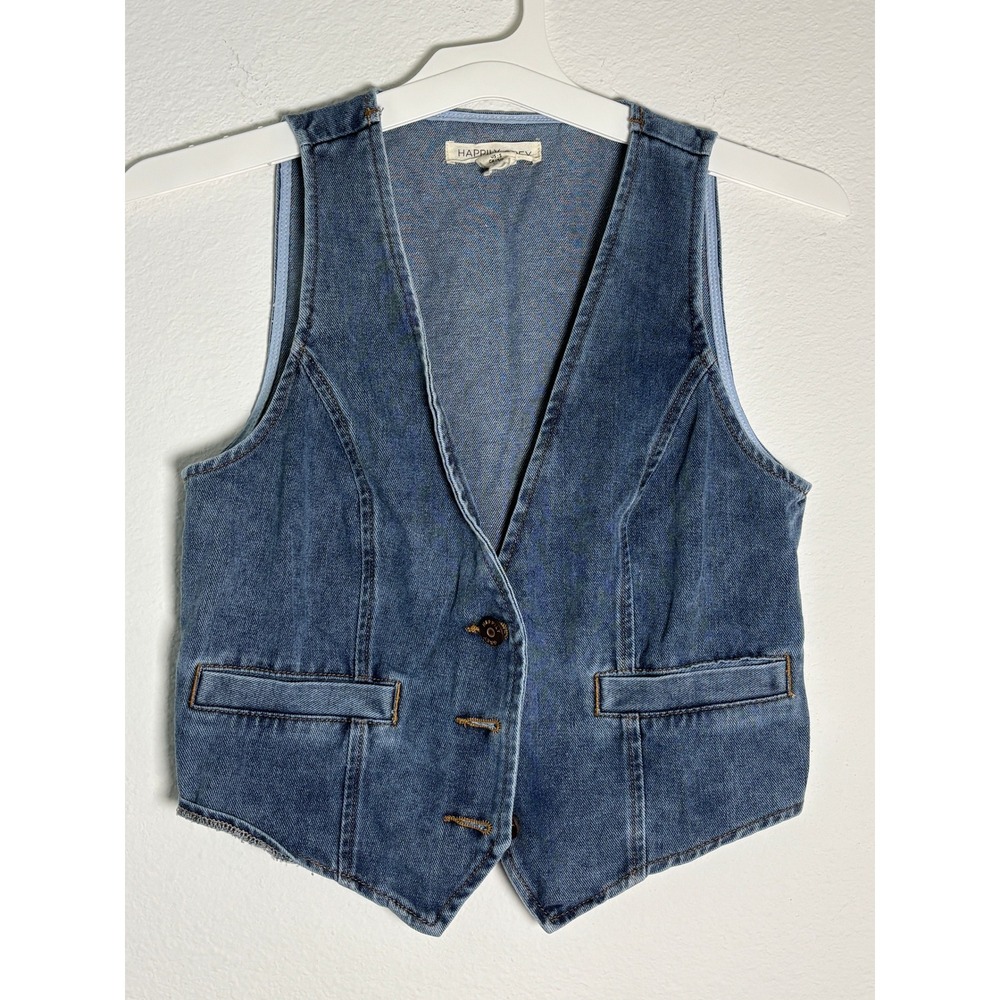Happily Grey Denim Vest Medium Wash Button Front Cropped Waistcoat Womens Small